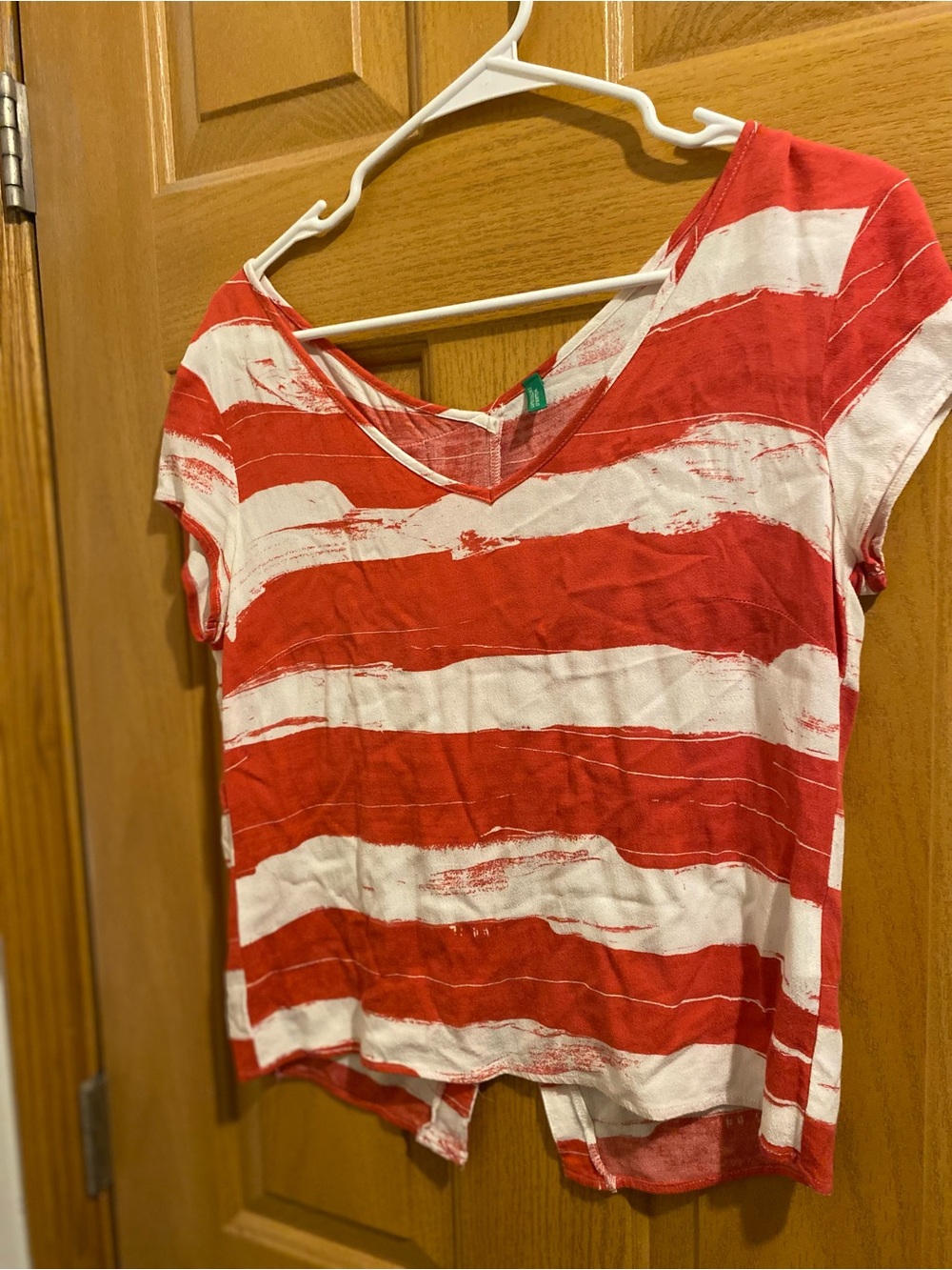 United Colors Of Benetton Red & White Striped V-Neck Top